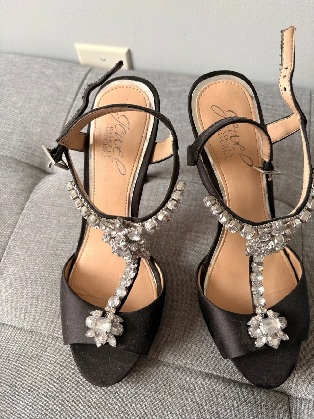 Black T-Strap Crystal Embellished Women's Heels